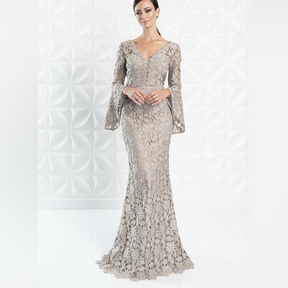 Elegant Taupe Lace Long-Sleeve Gown